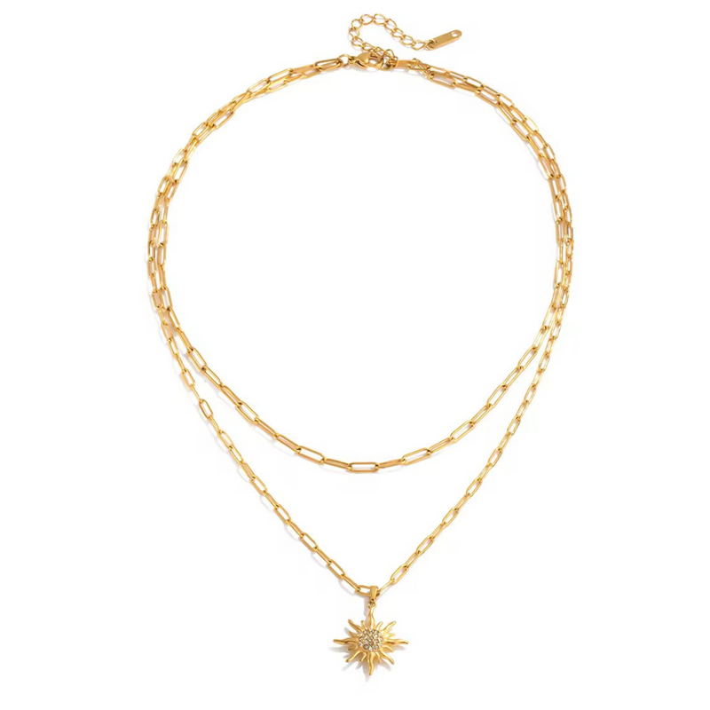 Inaya Modern Festive 18KT Gold Plated White Rhinestone Sun Pendant Double Layered Necklace, Sun
