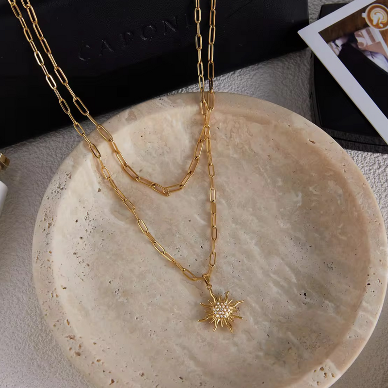 Inaya Modern Festive 18KT Gold Plated White Rhinestone Sun Pendant Double Layered Necklace, Sun