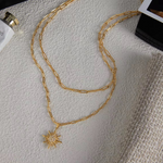 Load image into Gallery viewer, Inaya Modern Festive 18KT Gold Plated White Rhinestone Sun Pendant Double Layered Necklace, Sun
