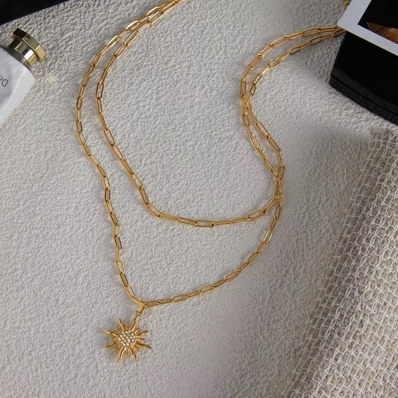 Inaya Modern Festive 18KT Gold Plated White Rhinestone Sun Pendant Double Layered Necklace, Sun