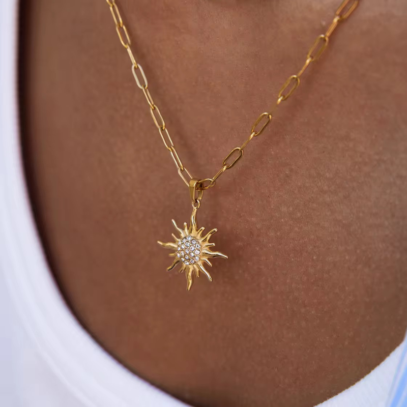 Inaya Modern Festive 18KT Gold Plated White Rhinestone Sun Pendant Double Layered Necklace, Sun