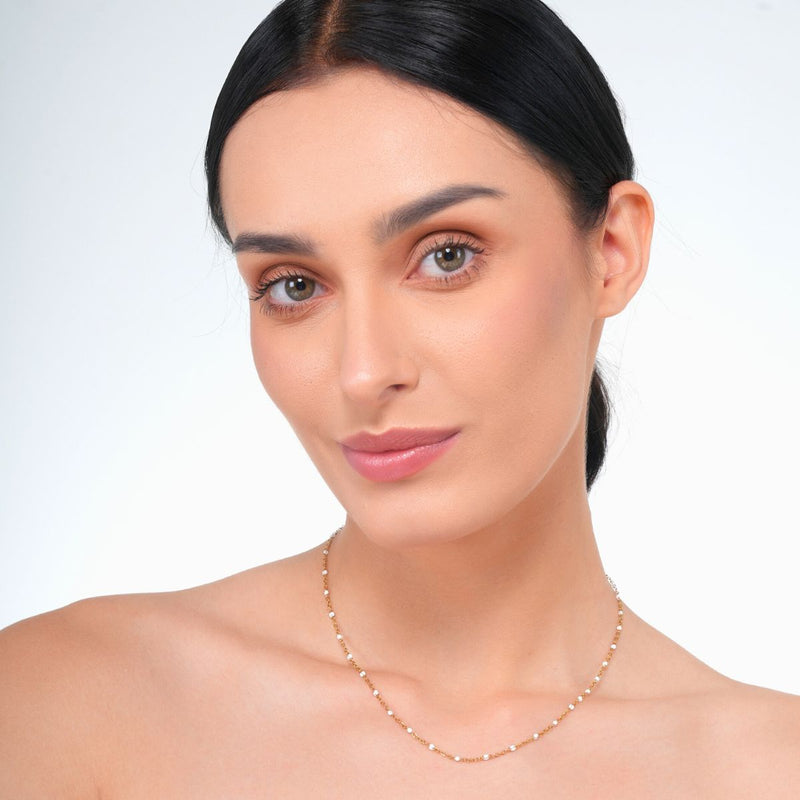18 KT Gold Plated Set of 2 Stainless Steel Dainty White Rolo Bead Necklace & Bracelet, Talia & Gretchen