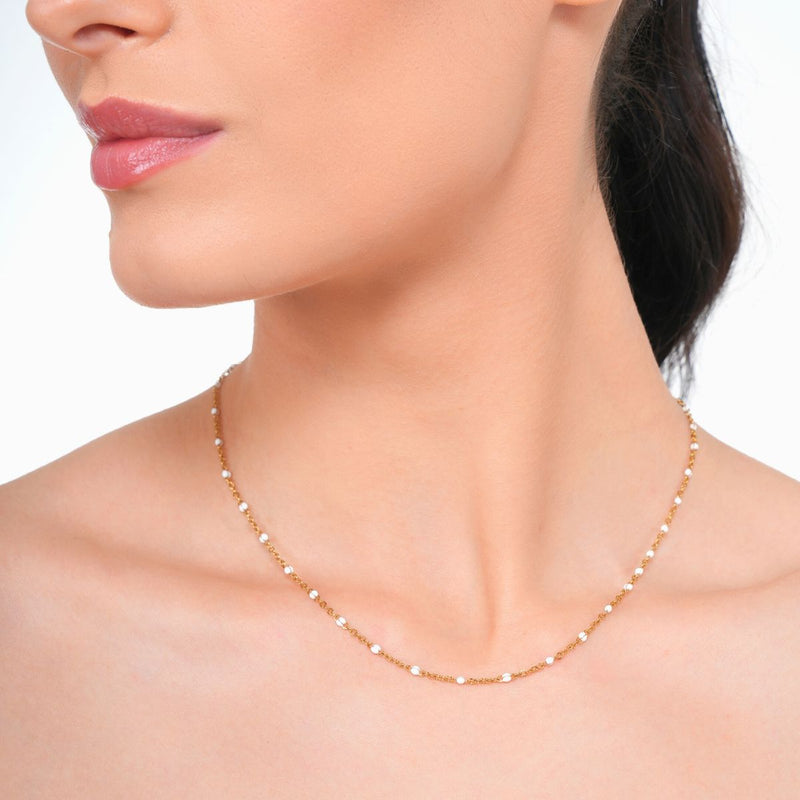 18 KT Gold Plated Stainless Steel Dainty White Rolo Bead Necklace, Talia