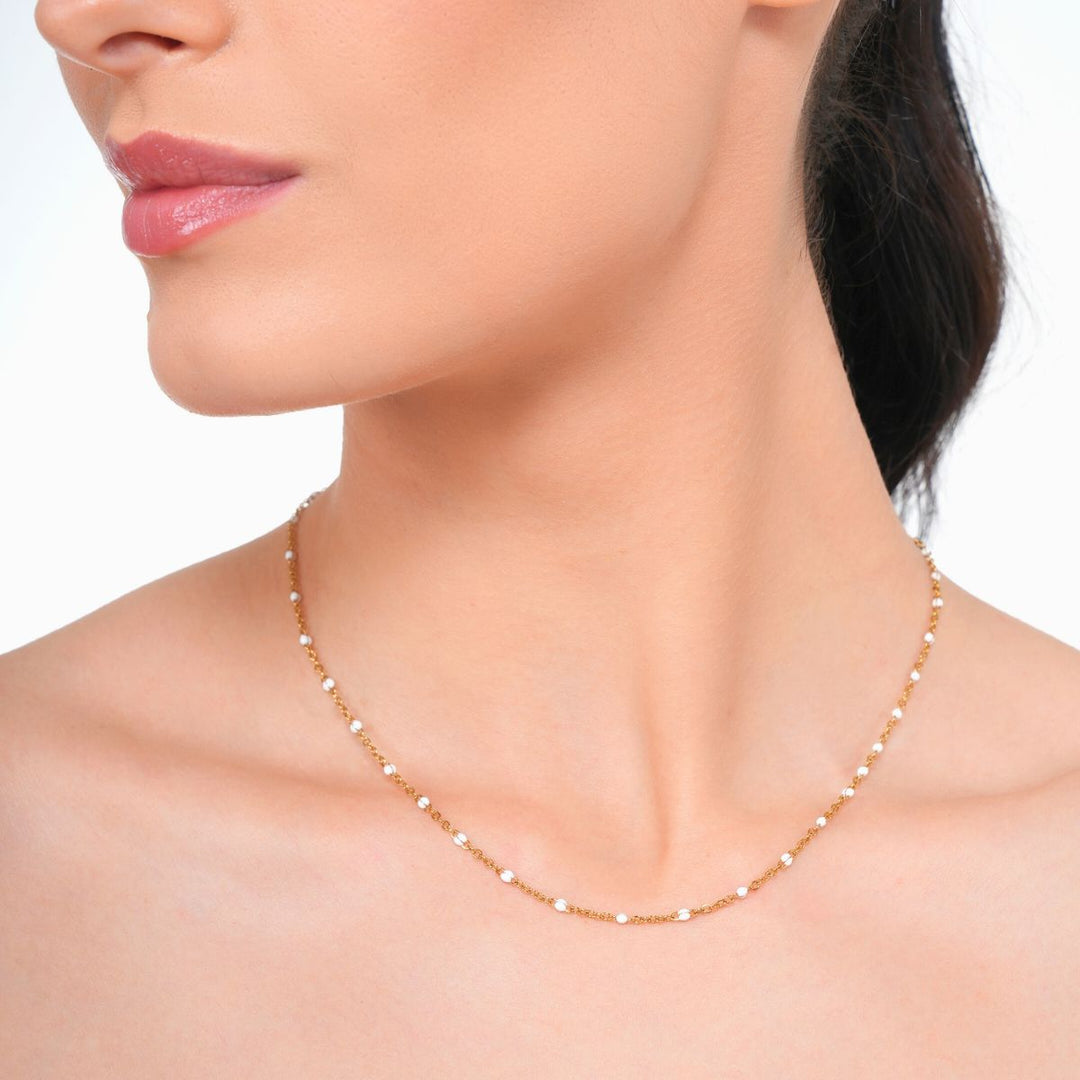 18 KT Gold Plated Stainless Steel Dainty White Rolo Bead Necklace, Talia