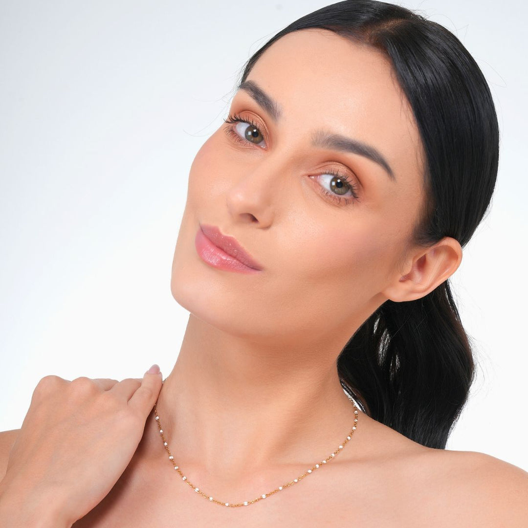 18 KT Gold Plated Stainless Steel Dainty White Rolo Bead Necklace, Talia