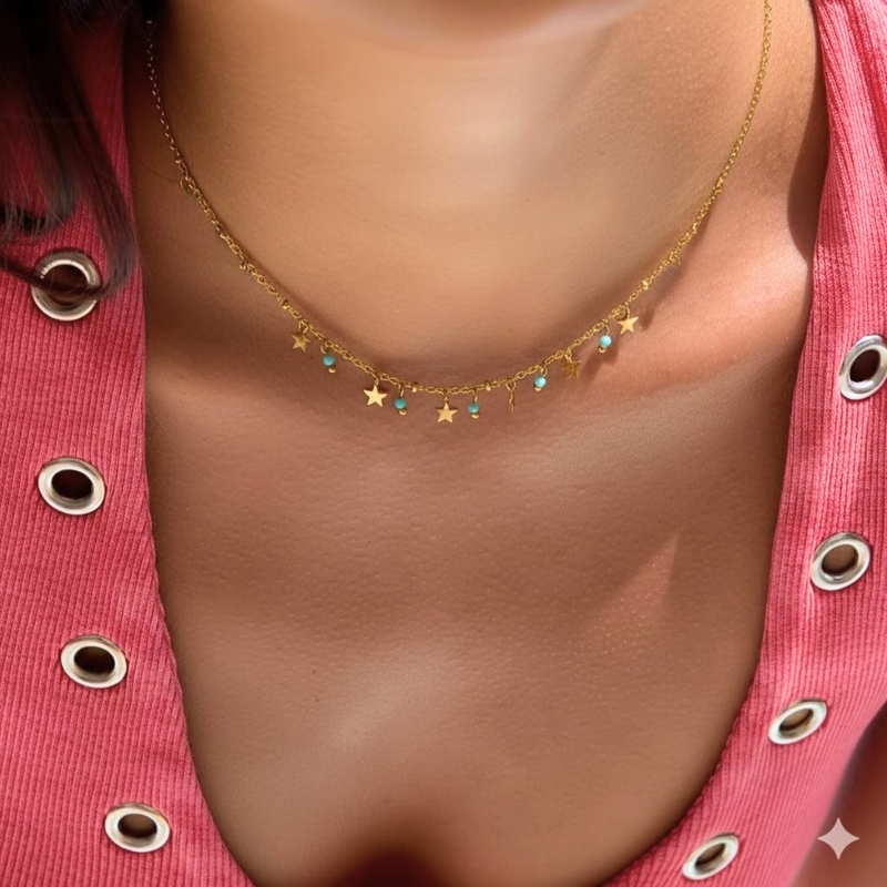 Trinket Necklace, 18KT Gold Plated Stainless Steel Star and Aquamarine Charm Trinket Necklace