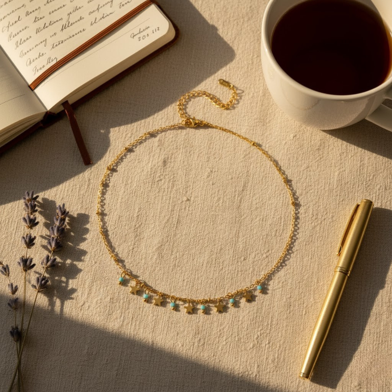 Trinket Necklace, 18KT Gold Plated Stainless Steel Star and Aquamarine Charm Trinket Necklace