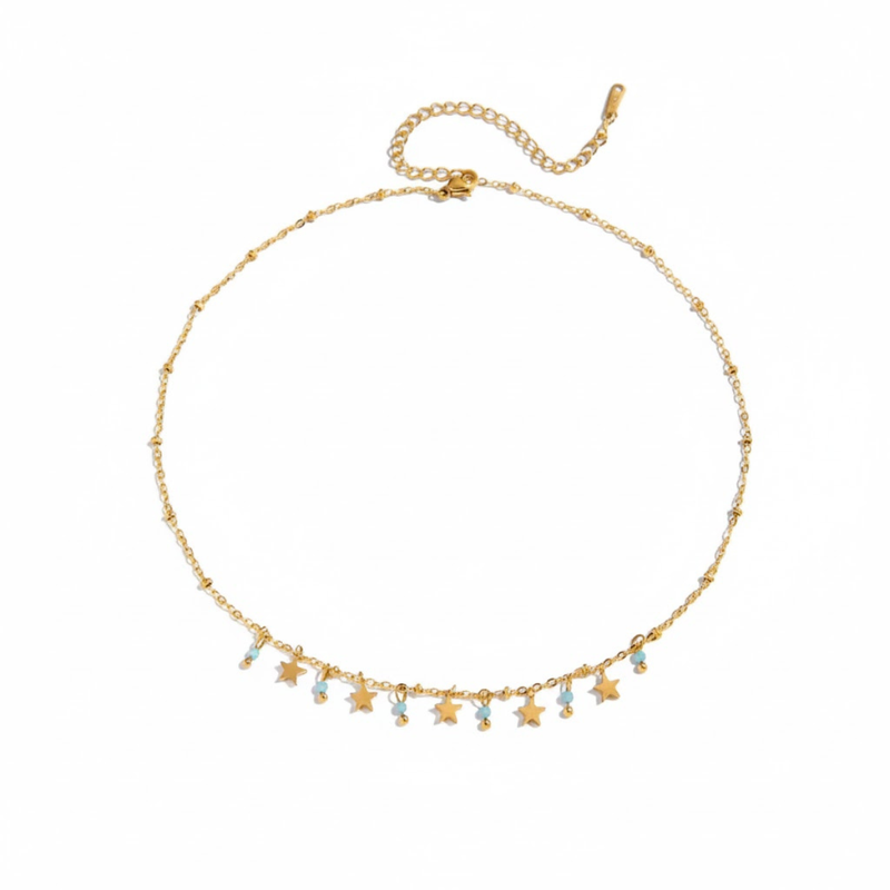 Trinket Necklace, 18KT Gold Plated Stainless Steel Star and Aquamarine Charm Trinket Necklace