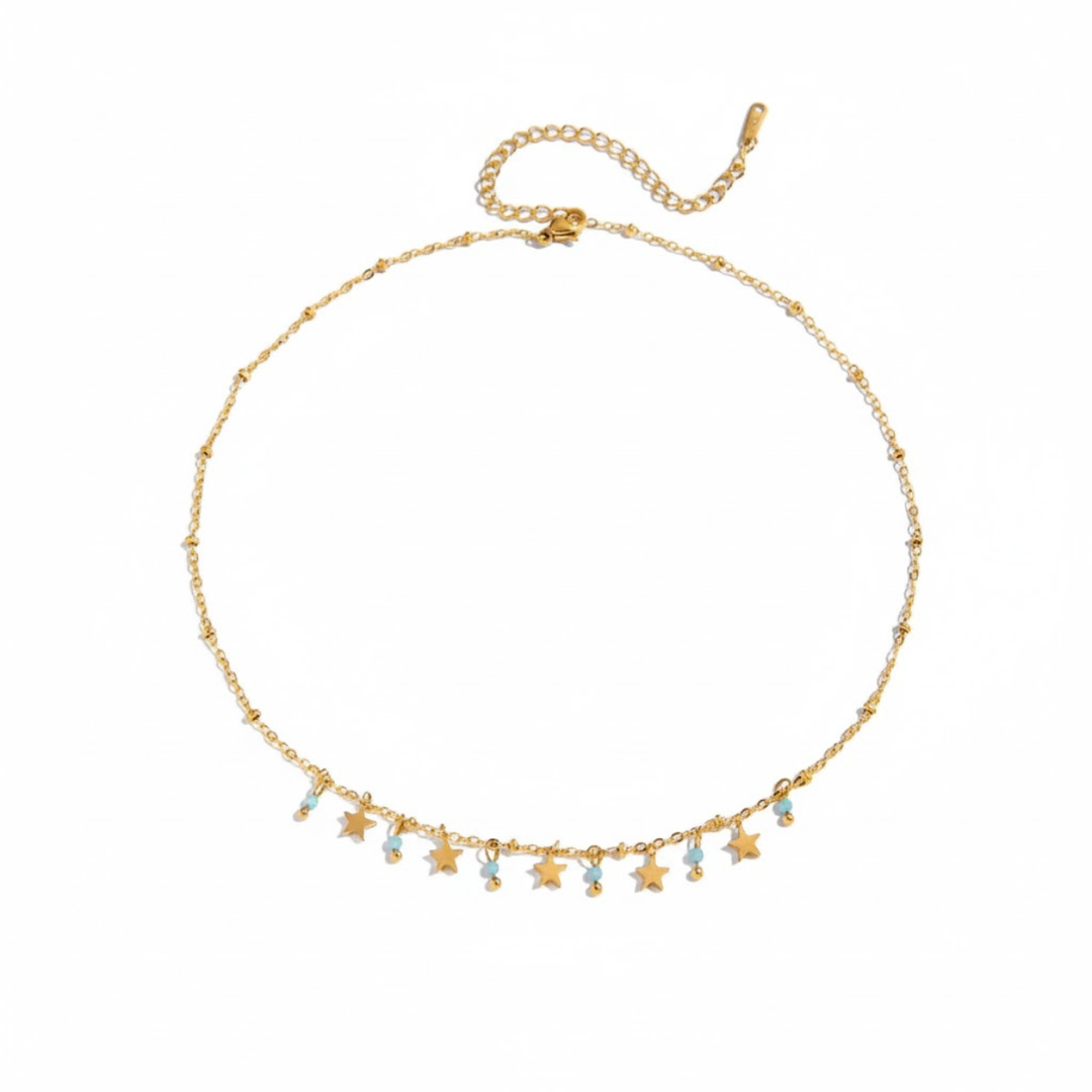 Trinket Necklace, 18KT Gold Plated Stainless Steel Star and Aquamarine Charm Trinket Necklace