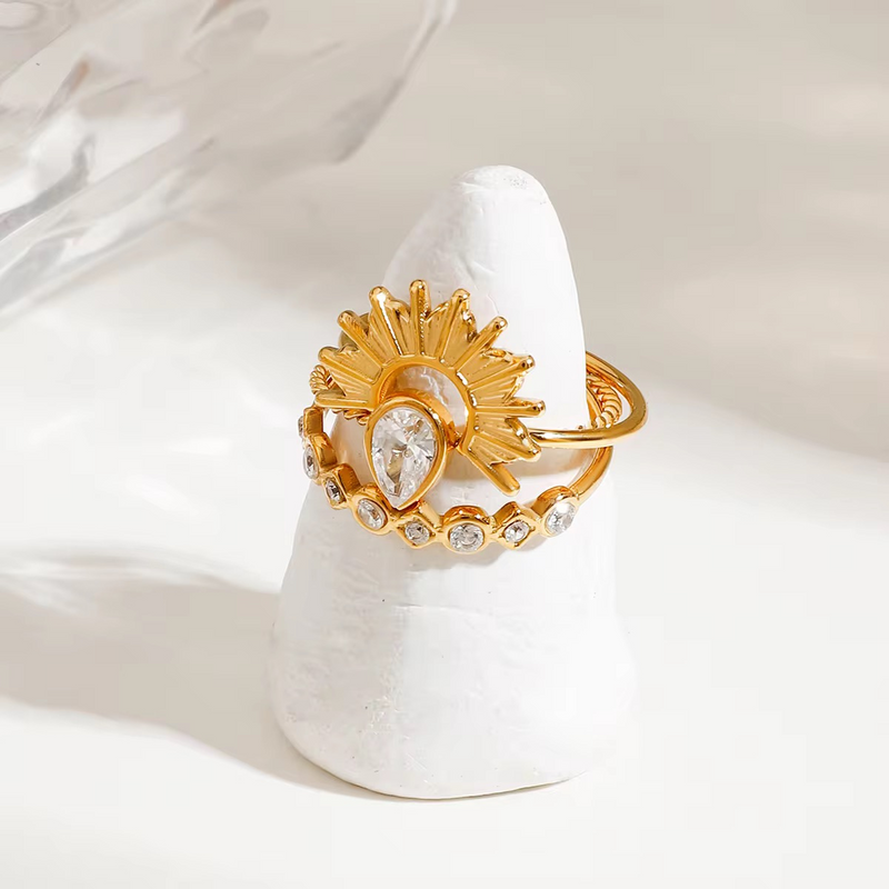 18KT Gold Plated Set of 3 Stackable Water Droplet and Petal Stainless Steel Waterproof Rings, Tulip