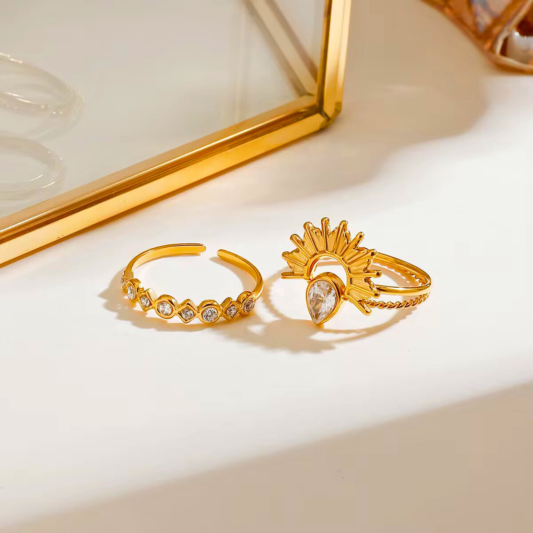 18KT Gold Plated Set of 3 Stackable Water Droplet and Petal Stainless Steel Waterproof Rings, Tulip