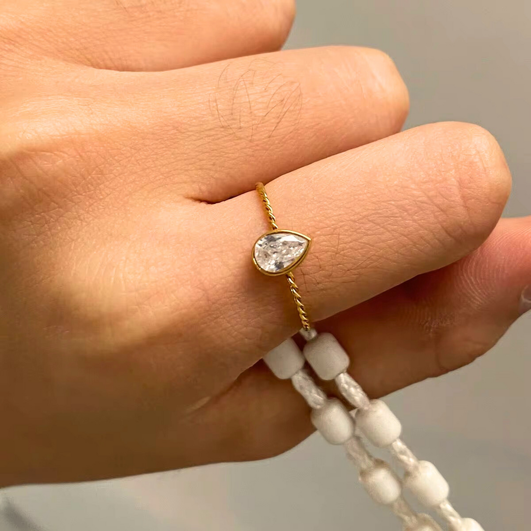 18KT Gold Plated Set of 3 Stackable Water Droplet and Petal Stainless Steel Waterproof Rings, Tulip