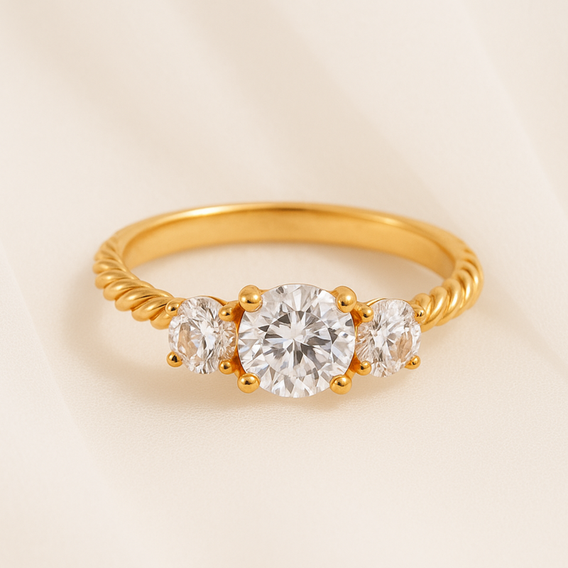 Inaya Modern Festive 18KT Gold Plated Tripple Round White Zircon Solitaire Finger Ring, Vanya