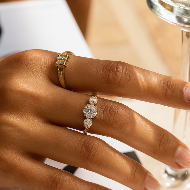 Inaya Modern Festive 18KT Gold Plated Tripple Round White Zircon Solitaire Finger Ring, Vanya