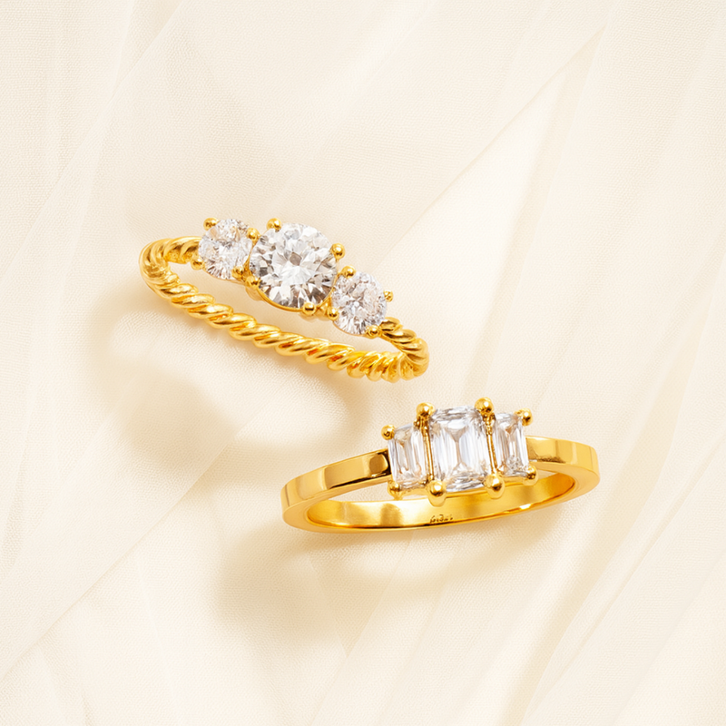 Inaya Modern Festive 18KT Gold Plated Tripple Round White Zircon Solitaire Finger Ring, Vanya