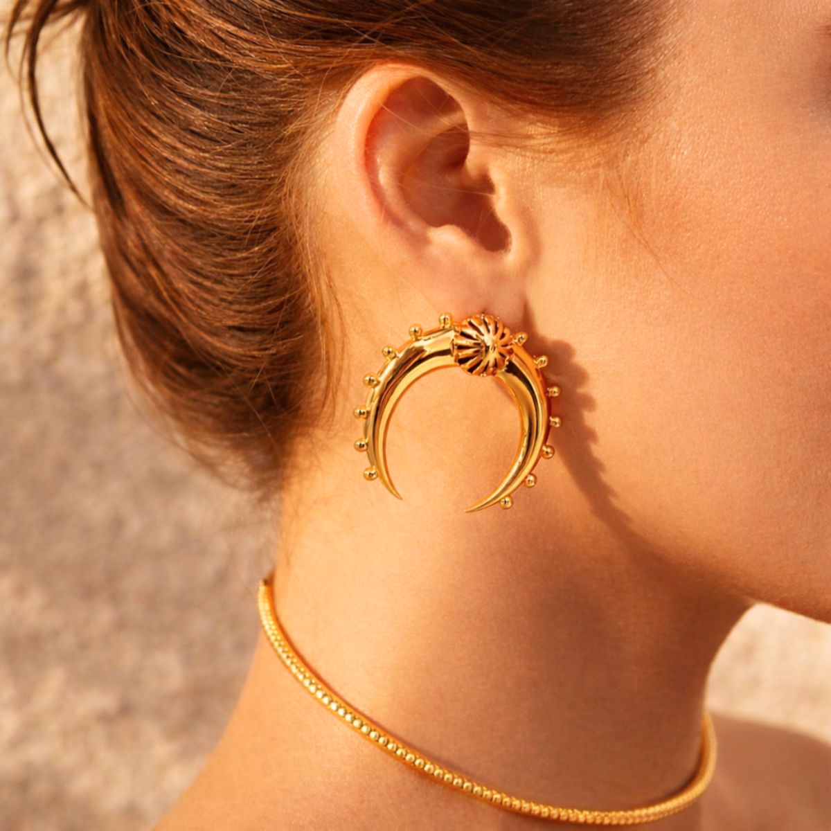 18kt gold plated crescent horn textured stud earrings, veda (pre order)