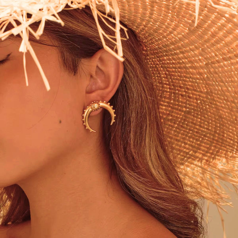 18KT Gold Plated Crescent Horn Textured Stud Earrings, Veda (pre-order)