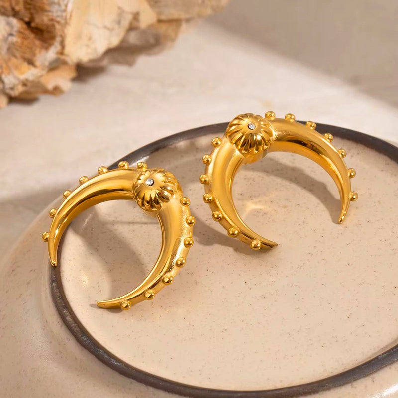 18KT Gold Plated Crescent Horn Textured Stud Earrings, Veda (pre-order)