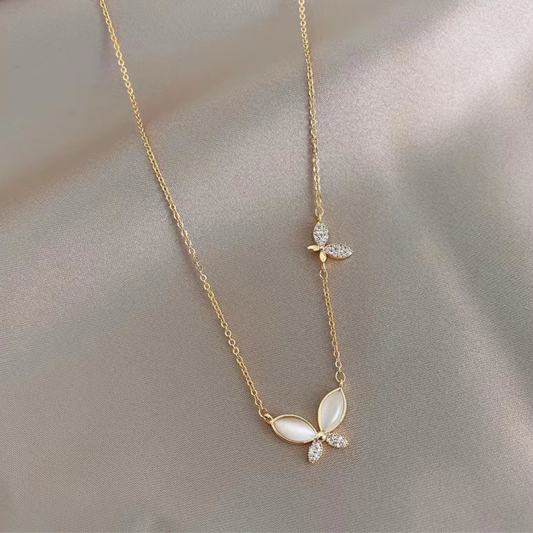 18KT Gold Plated Opal Butterfly and Crystal Rhinestone Stainless Steel Waterproof Pendant Necklace, Vivi