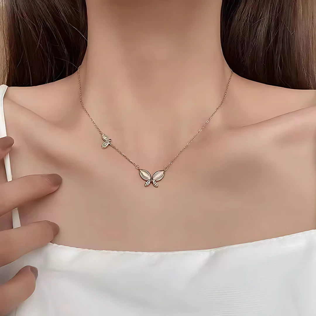 18KT Gold Plated Opal Butterfly and Crystal Rhinestone Stainless Steel Waterproof Pendant Necklace, Vivi