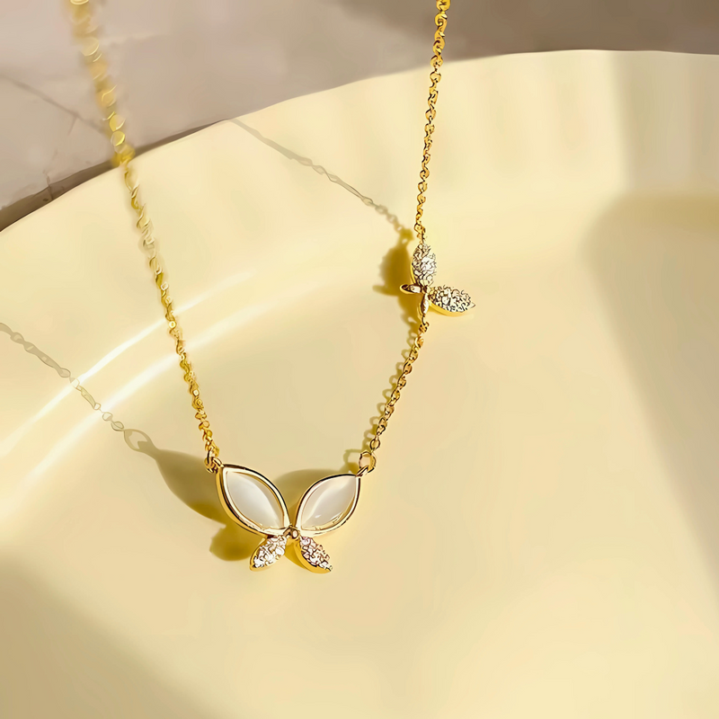 18KT Gold Plated Opal Butterfly and Crystal Rhinestone Stainless Steel Waterproof Pendant Necklace, Vivi