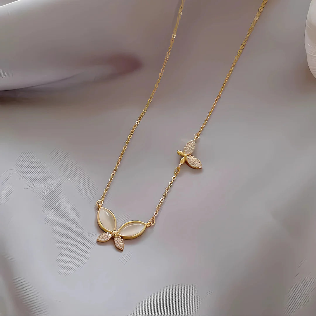 18KT Gold Plated Opal Butterfly and Crystal Rhinestone Stainless Steel Waterproof Pendant Necklace, Vivi