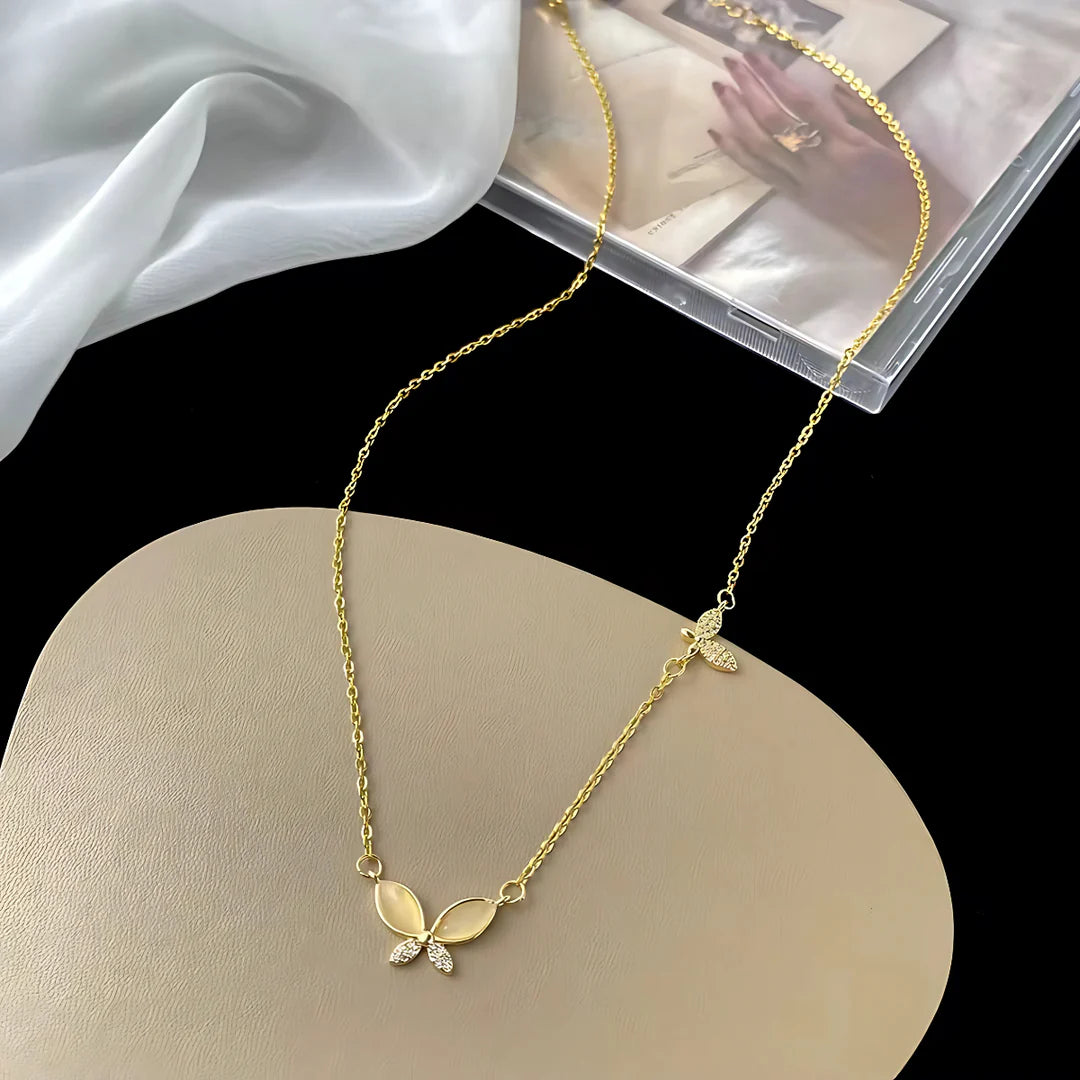 18KT Gold Plated Opal Butterfly and Crystal Rhinestone Stainless Steel Waterproof Pendant Necklace, Vivi