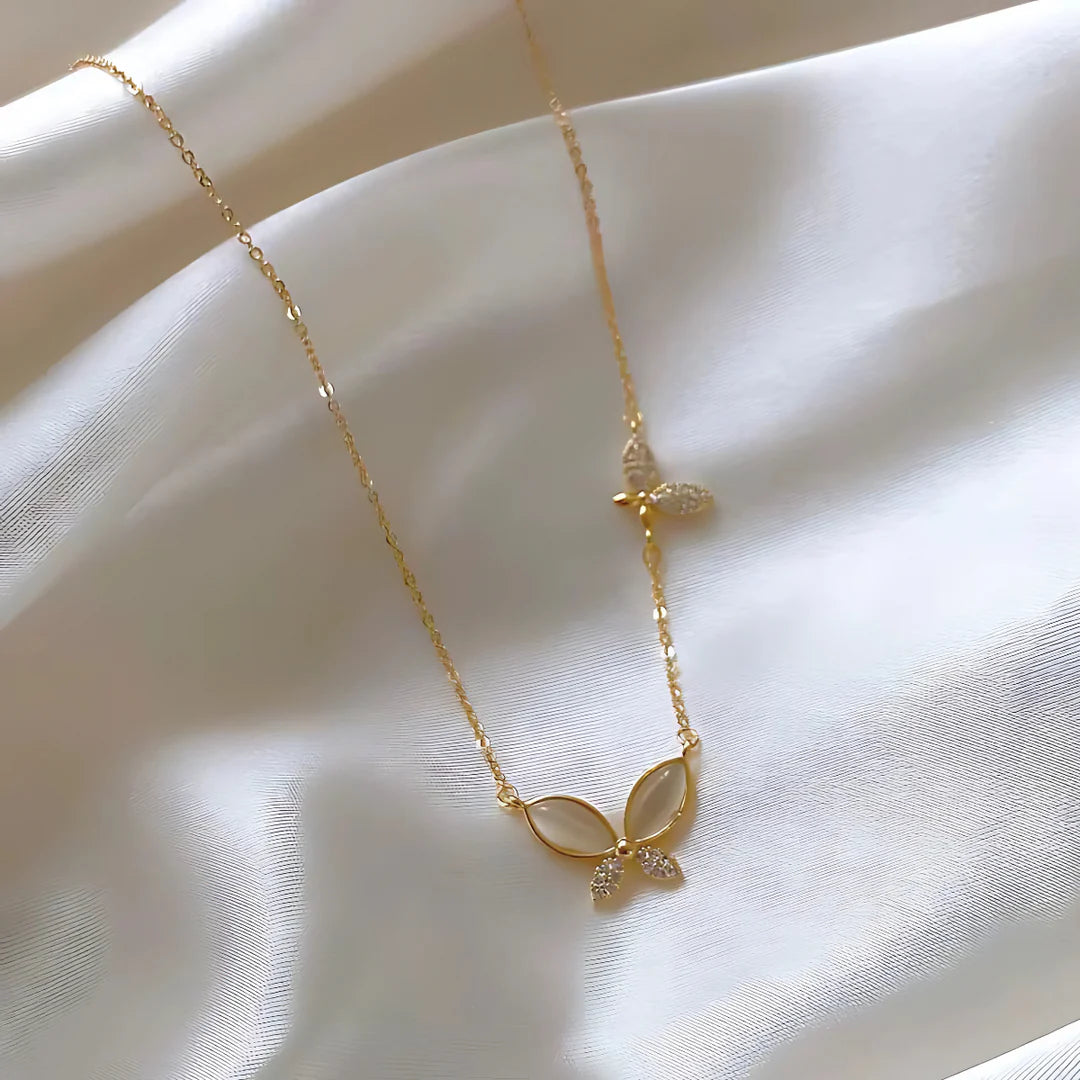 18KT Gold Plated Opal Butterfly and Crystal Rhinestone Stainless Steel Waterproof Pendant Necklace, Vivi