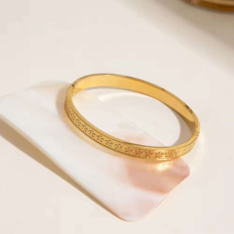 Inaya Modern Festive 18KT Gold Plated Unique Iced Out Floral Cuff Bracelet, Viv