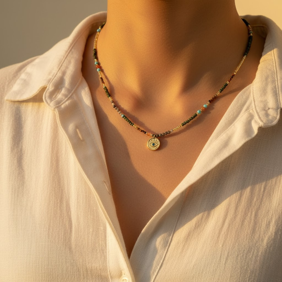 Wave necklace, 18kt gold plated stainless steel retro beach & multicolour beaded necklace
