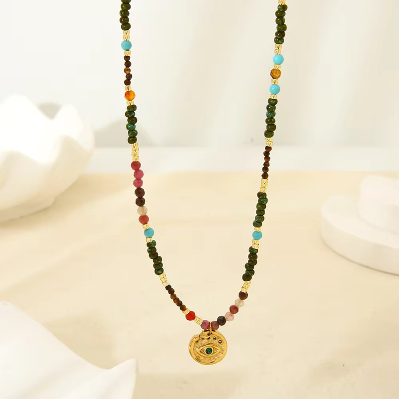 Wave Necklace, 18KT Gold Plated Stainless Steel Retro Beach & Multicolour Beaded Necklace