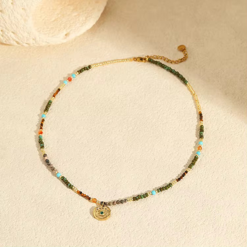 Wave Necklace, 18KT Gold Plated Stainless Steel Retro Beach & Multicolour Beaded Necklace