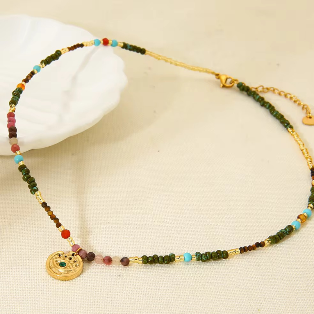 Wave Necklace, 18KT Gold Plated Stainless Steel Retro Beach & Multicolour Beaded Necklace