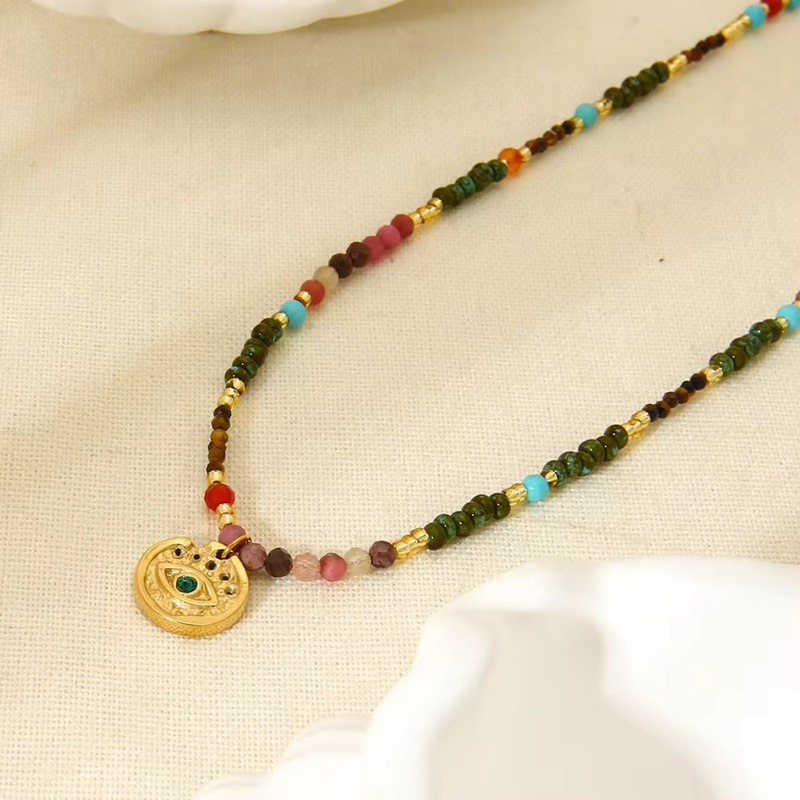 Wave Necklace, 18KT Gold Plated Stainless Steel Retro Beach & Multicolour Beaded Necklace
