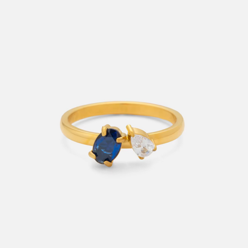 Inaya Modern Festive 18KT Gold Plated Toi et Moi Oval & Pear Shaped Blue Sapphire Solitaire Ring, You&Me
