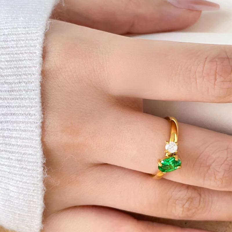 Inaya Modern Festive 18KT Gold Plated Toi et Moi Oval & Round Shaped Green Sapphire Solitaire Ring, You&Me
