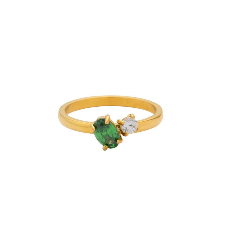 Inaya Modern Festive 18KT Gold Plated Toi et Moi Oval & Round Shaped Green Sapphire Solitaire Ring, You&Me
