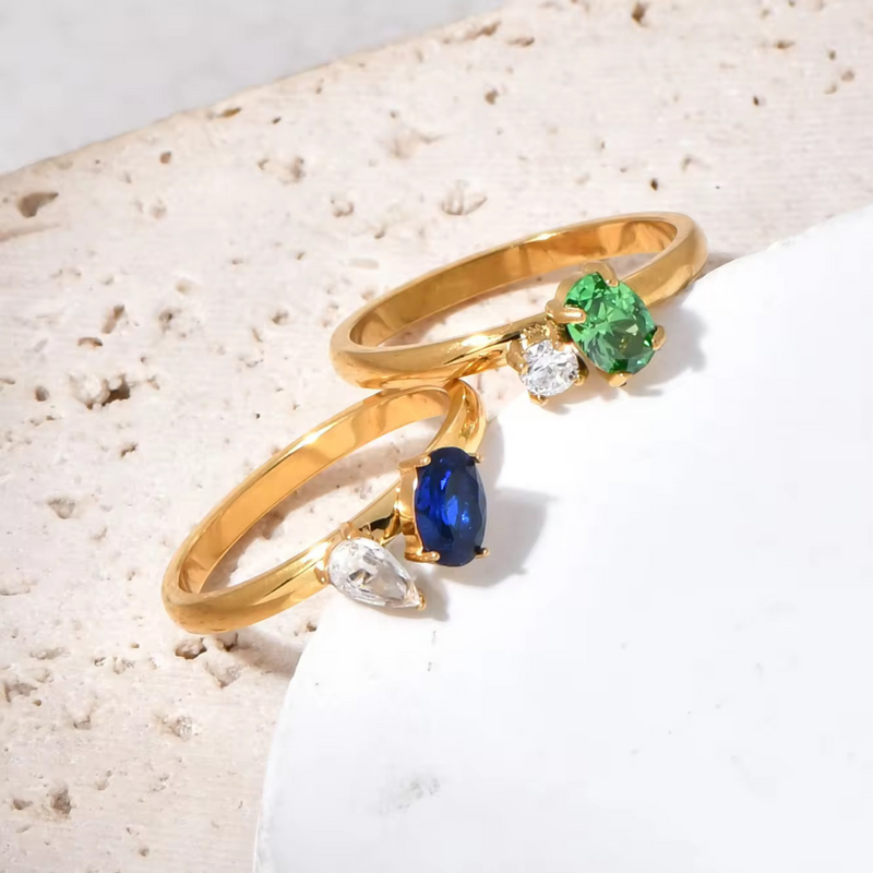 Inaya Modern Festive 18KT Gold Plated Toi et Moi Oval & Round Shaped Green Sapphire Solitaire Ring, You&Me