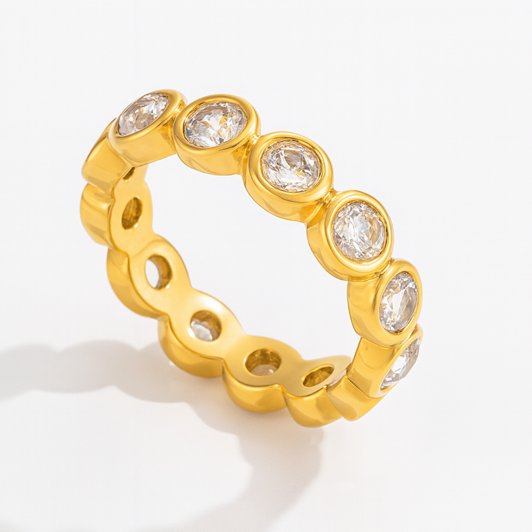 Inaya Modern Festive 18KT Gold Plated Round White Zircon Bezel Finger Ring, Ziya