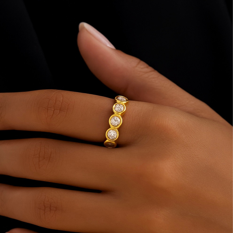Inaya Modern Festive 18KT Gold Plated Round White Zircon Bezel Finger Ring, Ziya