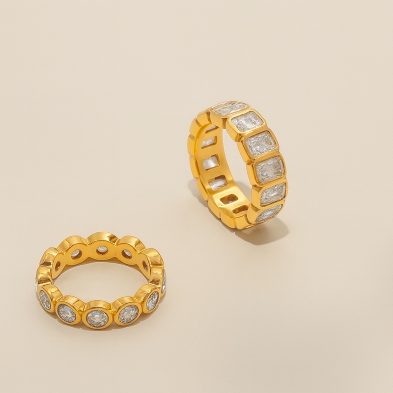 Inaya Modern Festive 18KT Gold Plated Round White Zircon Bezel Finger Ring, Ziya