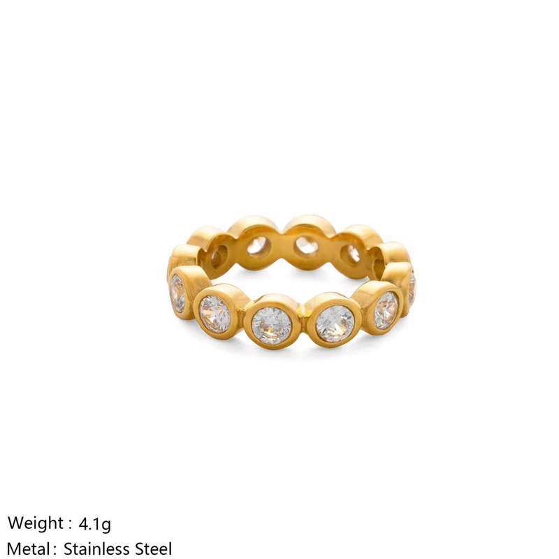 Inaya Modern Festive 18KT Gold Plated Round White Zircon Bezel Finger Ring, Ziya