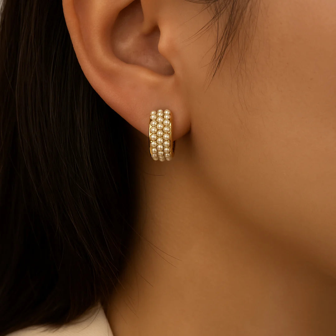 18kt gold plated three layer pearl hoop earrings, margaret