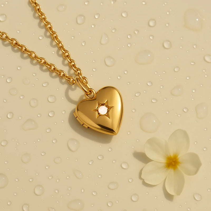 18kt Gold Plated Starstruck Opal Stone Photo Locket Keepsake Necklace, Noor