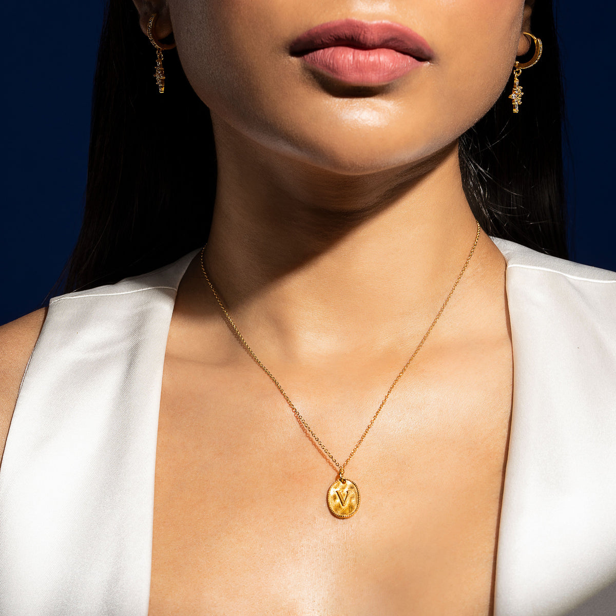 18kt gold plated sterling silver personalised embossed initial pendant necklace, nova