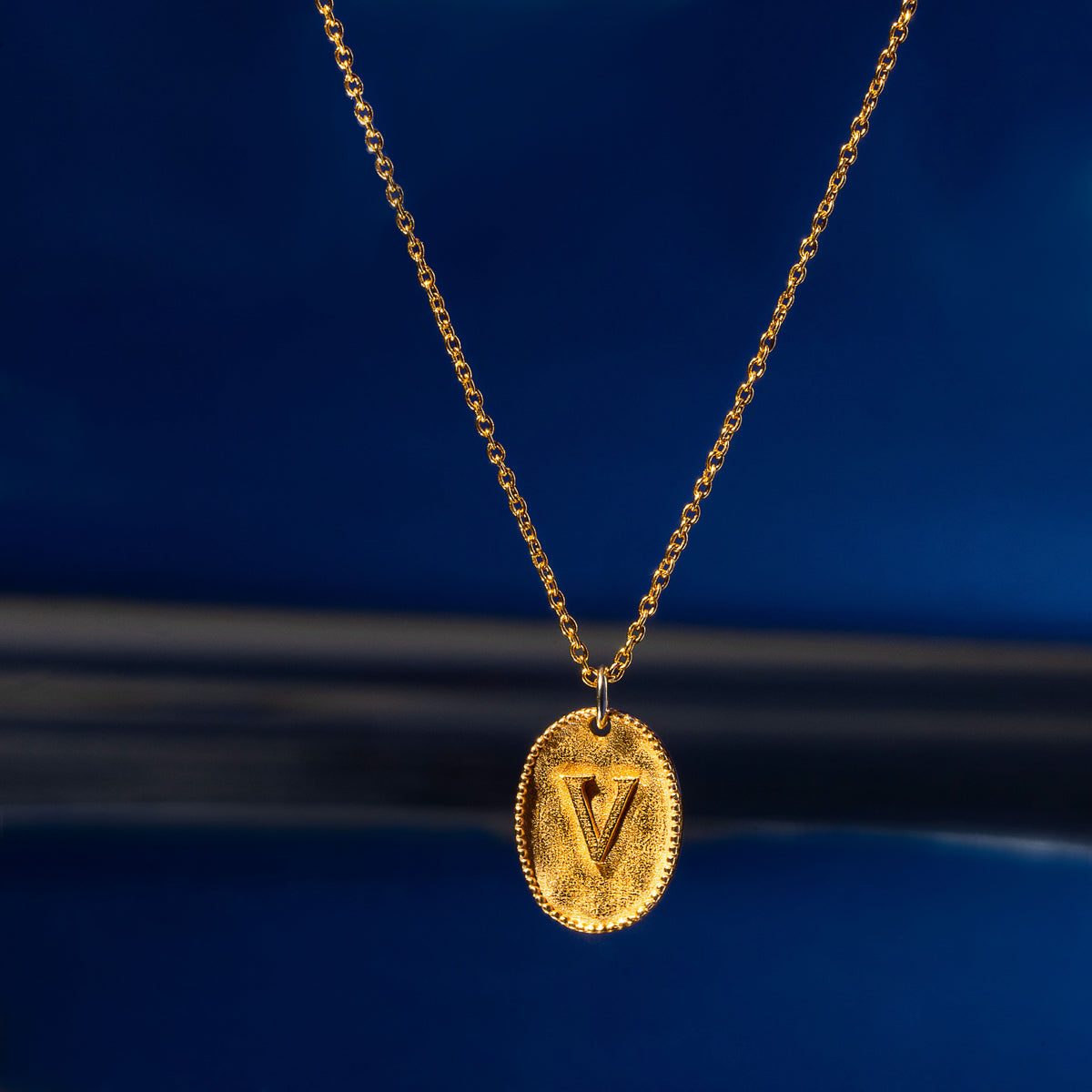 18kt gold plated sterling silver personalised embossed initial pendant necklace, nova