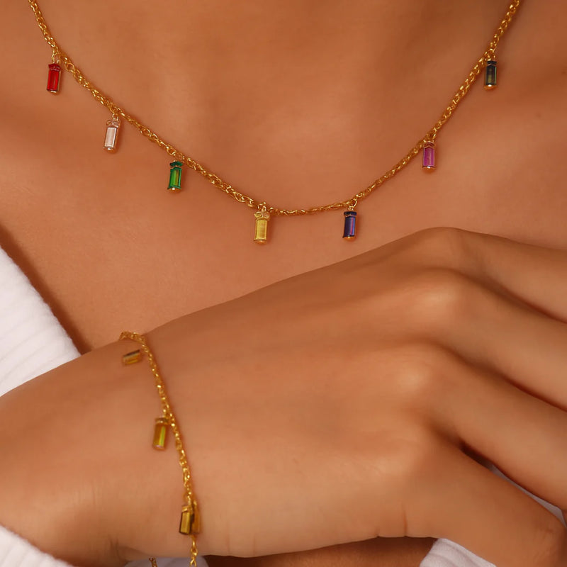 18KT Gold Plated Rainbow Rhinestone Necklace, Sara