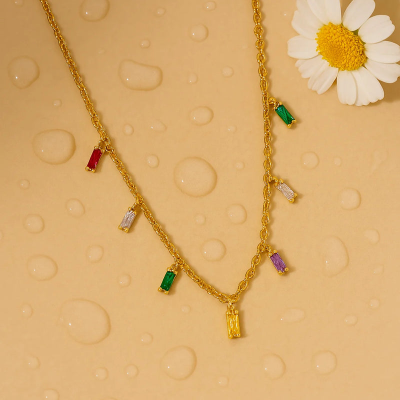 18KT Gold Plated Rainbow Rhinestone Necklace, Sara