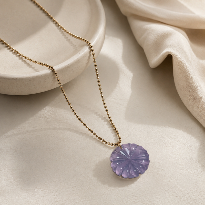 18kt Gold Plated Carved Natural Stone Bloom Ball Chain Necklace