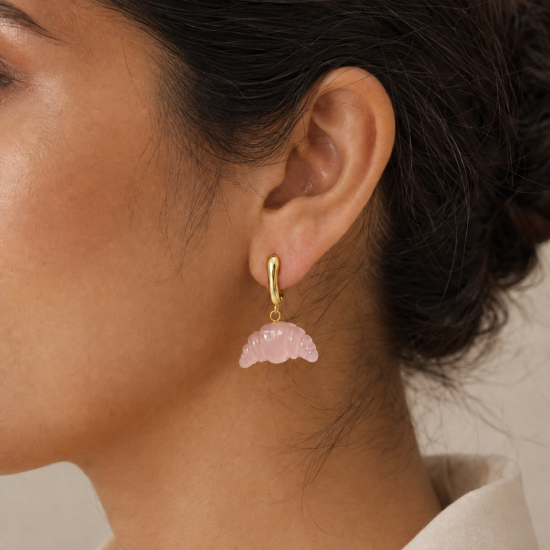 18kt Gold Plated Carved Natural Stone Croissant V shaped Earrings